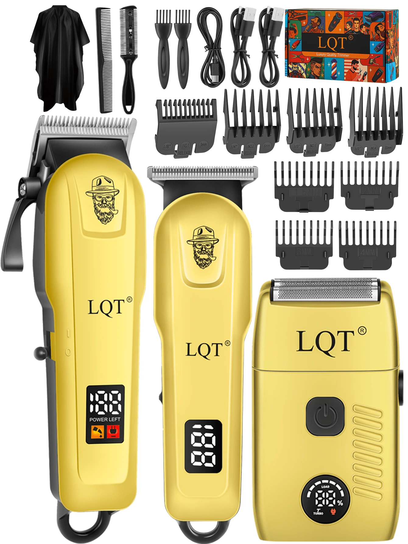 LQT 1/2/3pcs Professional Hair Clipper & Beard Trimmer Set, Includes Hair Clipper/Trimmer/Shaver, USB Rechargeable, LED Display, Low Noise & Vibration, Home Haircut Kit, Beginner-Friendly, Great Gift For Men - Gold - View 1