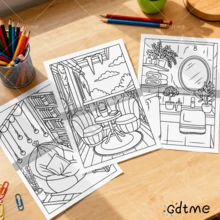 GDTME 寶藏著色書：室內房屋設計，升級加厚珍珠紙，A4大尺寸方便翻閱，24頁裝修靈感，夢幻家居著色書，適合設計愛好者，成人減壓Ins風創意手繪 - 021 - 查看 5