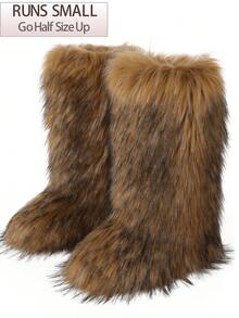 EdgyElongate Women's Winter Christmas Fur Boots Fuzzy Fluffy Round Toe Suede Booties Flat Heel Slip On Furry Snow Boots Fashion Warm Fluffy Shoes - Nâu dài - Xem 9