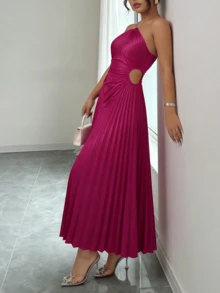 Women's Fuchsia Satin - Like One - Shoulder Sleeveless Dress With Ruched Waist & Asymmetrical Hem, Classy Elegant Outfit For Wedding Guest/Birthday Party/Evening Event/Night Out, Formal Midi Dresses For Women - Hot Pink - View 6