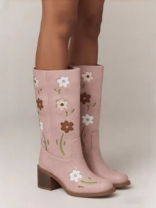 Women's Mid Calf Boots Square Toe Chunky Heel Pull On Block Heel Boots Western Boots With Flowers Cute For Christmas Halloween - 粉色 - 查看 4