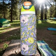 Owal'o 32oz Stainless Steel Insulated Water Bottle - Available In Various Floral Patterns / Keeps Drinks Hot Or Cold / Features A Stainless Steel Body, A Push-Button Dustproof Lid, And A Plastic Straw. - 紫色 - 查看 3