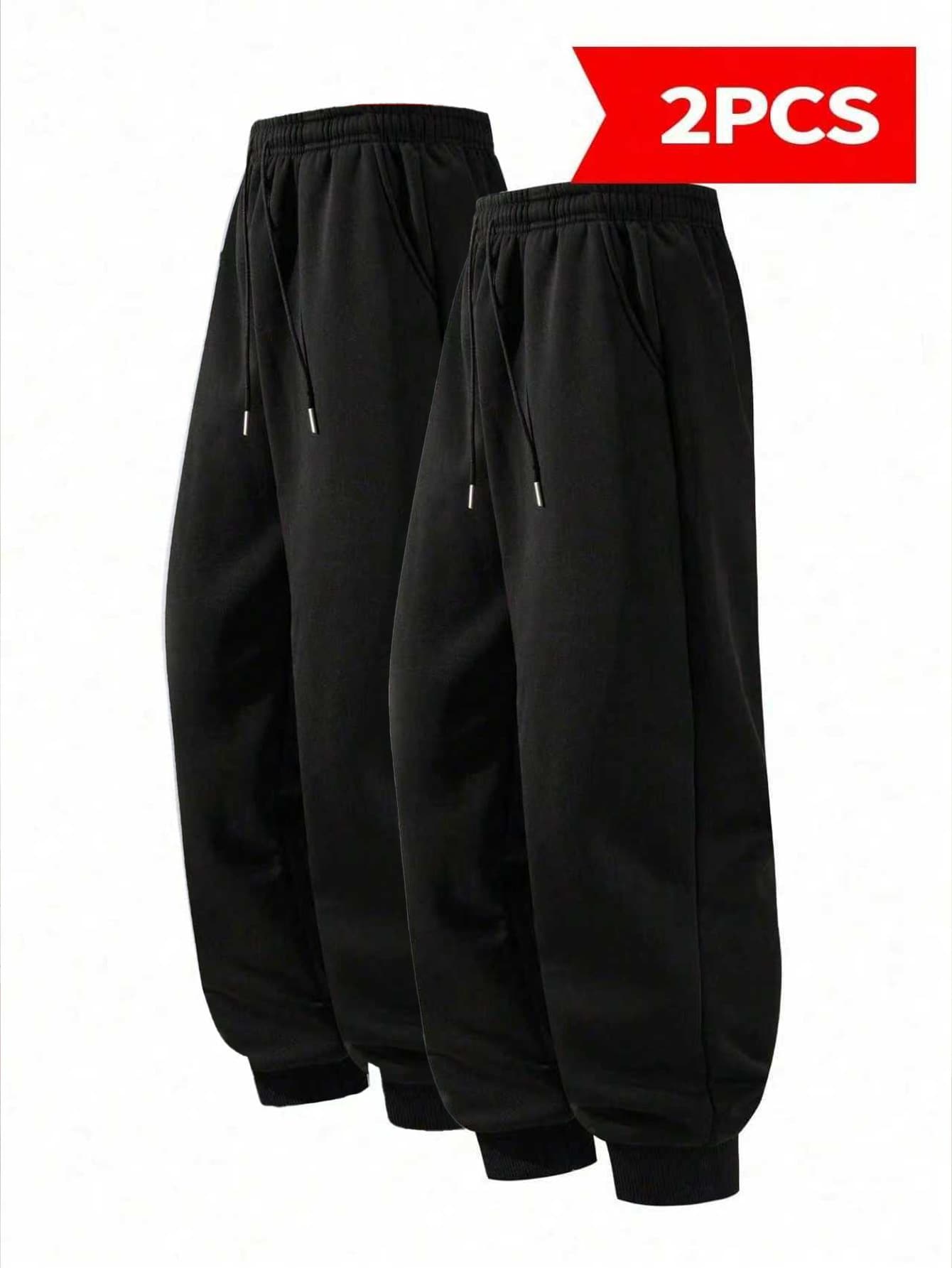 2 piezas Pantalones deportivos largos de unicolor con cordón en la cintura para hombres, pantalones básicos negros de fitness para primavera