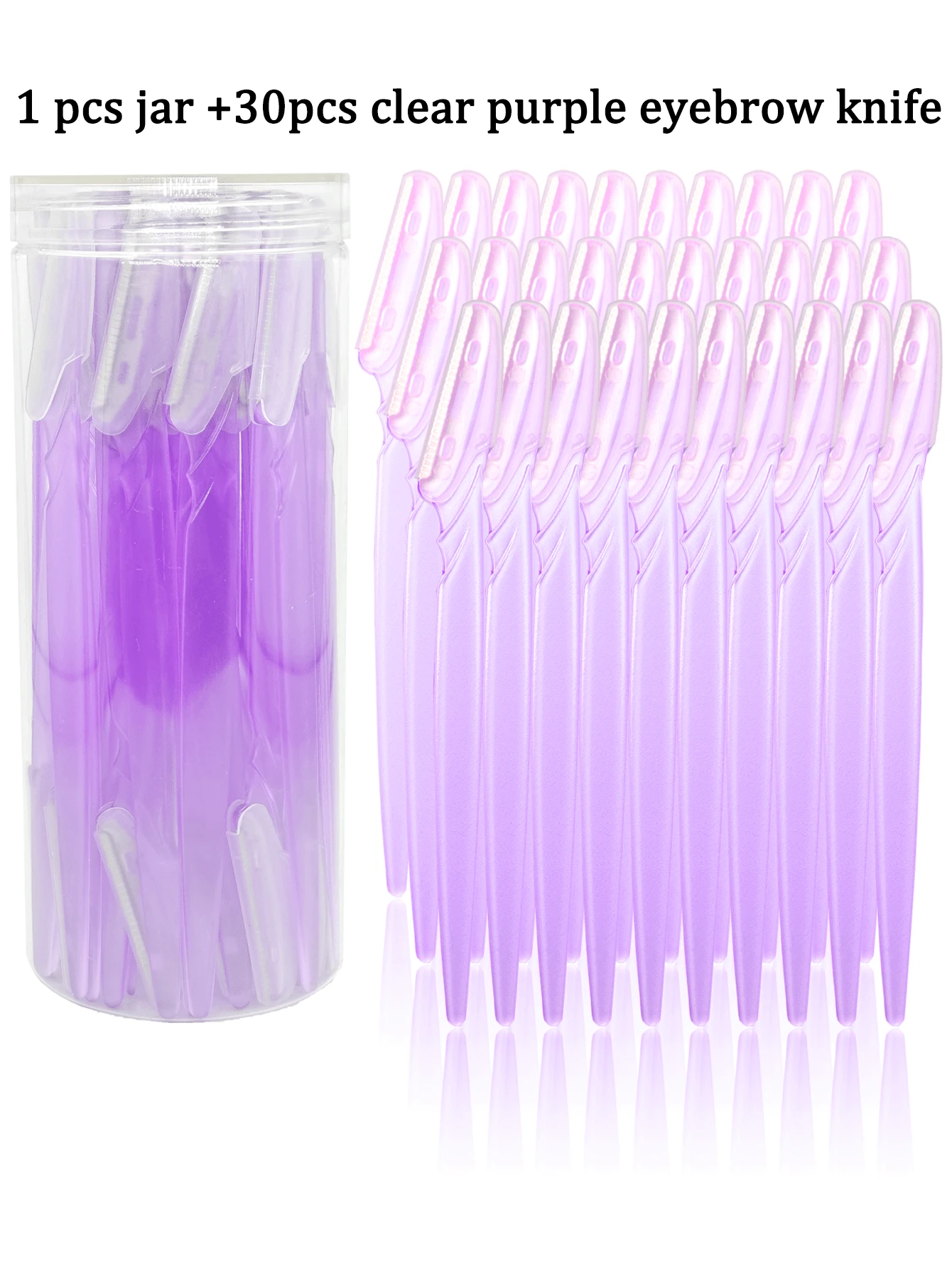 Set de 60/30/12/6/3/1 Maquinilla de afeitar de ceja transparente púrpura, incluye recortadora de cejas, afeitadora, removedor de callosidades, recortadora de vello corporal y maquinilla de afeitar facial y de cejas con hojas de mango largo, adecuada para uso diario o de viaje de las mujeres