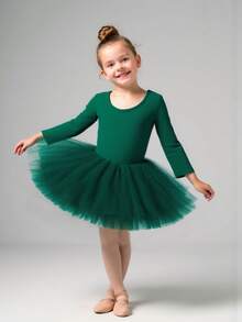 Girls' Solid Color Round Neck Long Sleeve Tulle Ballet Dress, Children Swan Ballet Dance Costume - Green - View 8