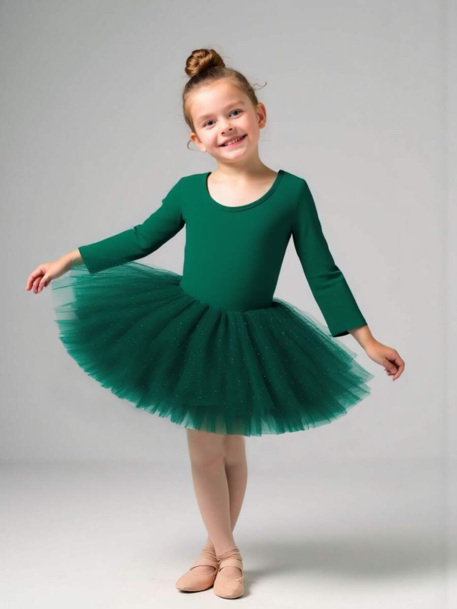 Girls' Solid Color Round Neck Long Sleeve Tulle Ballet Dress, Children Swan Ballet Dance Costume