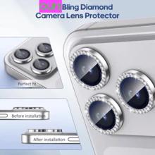 1 Set Of 3pcs Shiny Colorful Camera Lens Protector Film With Metal Ring, Compatible With IPhone 17/13/14/Pro/Max/15/16 Pro Max Applicable To Daily Shield, Office, Home Daily Shield Office Home Phone Camera Cover Sparkling Crystal Waterproof Shockproof Anti-Fall Scratch Resistant - Silver - View 4