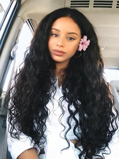 150% 密度女士长款波浪卷发假发 - 黑色 Kanekalon 高温丝，可调节帽围，适合所有肤色，浓密卷发，无蕾丝高温丝全头假发，适合日常佩戴