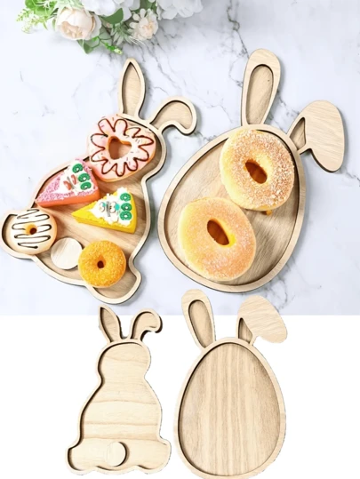 1pc Easter Bunny Wooden Tray, A Classic And Simple Bunny-Shaped Snack Donut And Coffee Plate, Perfect For Holiday Home Decor, Easter Table Centerpiece, And Easter Decoration.