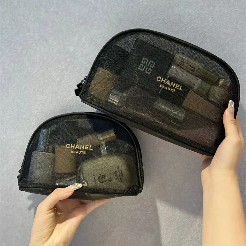 CHANEL Transparent Black Mesh Travel Cosmetic Bag, Convenient To Use - Black - View 1