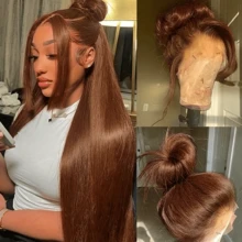 NATAN 13x4 巧克力棕色长直蕾丝前假发，适合，彩色透明高清合成蕾丝前假发，已预先拔毛 - S4 - 查看 3