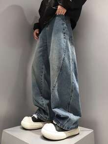 Boys' Casual Jeans, Teenagers' Patchwork Pockets Blue Denim Loose Straight Pants, Teen Boy' Washed Relaxed Trousers - Medium Wash - View 1