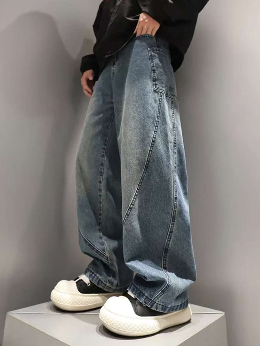 Boys' Casual Jeans, Teenagers' Patchwork Pockets Blue Denim Loose Straight Pants, Teen Boy' Washed Relaxed Trousers - Medium Wash - View 1