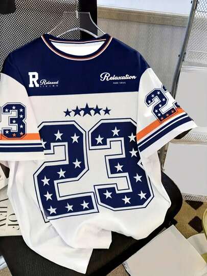 男士休闲23号数字字母印花T恤 - 醒目的蓝白撞色设计，橙色点缀，弹力涤纶圆领短袖，运动街头风，适合夏季户外及日常穿着 - 理想的男士礼物，时尚设计，运动外观，耐穿面料，舒适贴合，图案T恤，青年款