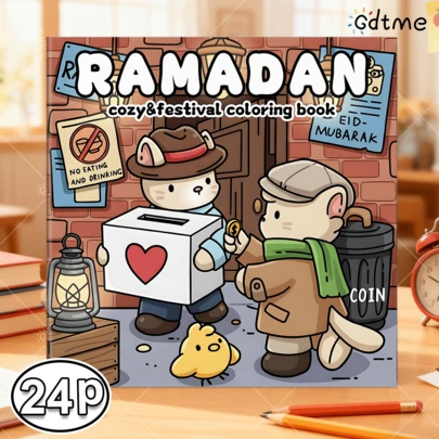 GDTME 1pc "Ramadan Work" Coloring Book, 24 Pages Thick Paper, 7.87*7.87inch, Recommended For Beginners, Drawing Book, Coloring Book, Office Stress Relief, Parent-Child Interaction, Gift Giving, Whimsical Designs, Painting And Study, Colouring Book.