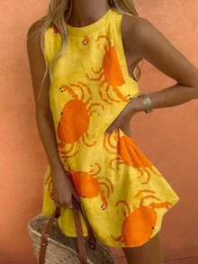 Sea Starshine 2025 Women's Fashionable, Elegant And Sexy Sleeveless Yellow Random Crab Print Dress, Spring/Autumn - Yellow Orange - View 1