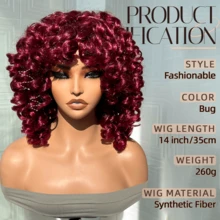 Peluca rizada corta con flequillo, peluca rizada esponjosa y voluminosa, peluca rizada grande, suave y esponjosa, cabello sintético natural, adecuada para uso diario y fiestas - Burdeos - Ver 4