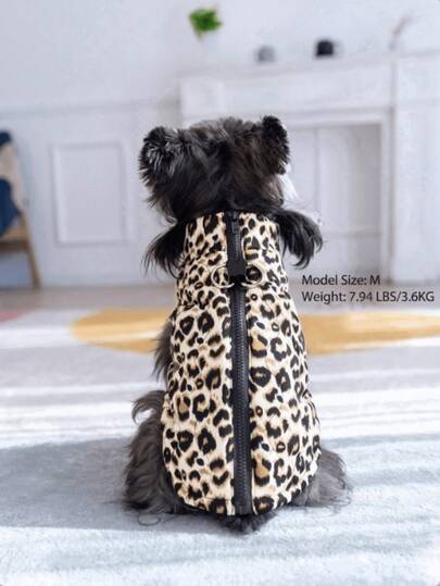 Apricot Colored European And American Leopard Print Water-Based Printed Fabric With Zipper On The Back Pet Padded Coat Dog Jacket