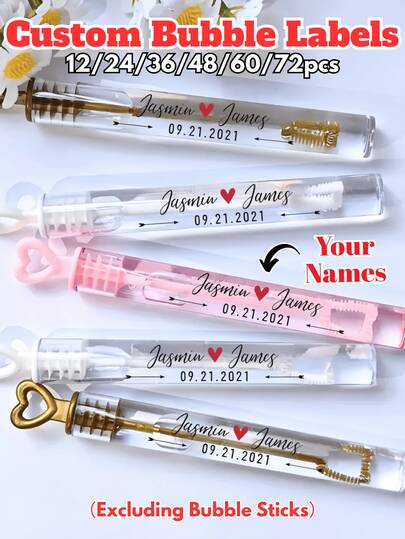 1/12/24/36/48/60/72pcs,Personalized Bubble Labels [LABELS ONLY, Tubes Are NOT Included] -Custom Bubble Wand PVC Stickers,Personalized Name/Date Labels For Wedding/Birthday/Baby Shower Party Favors.