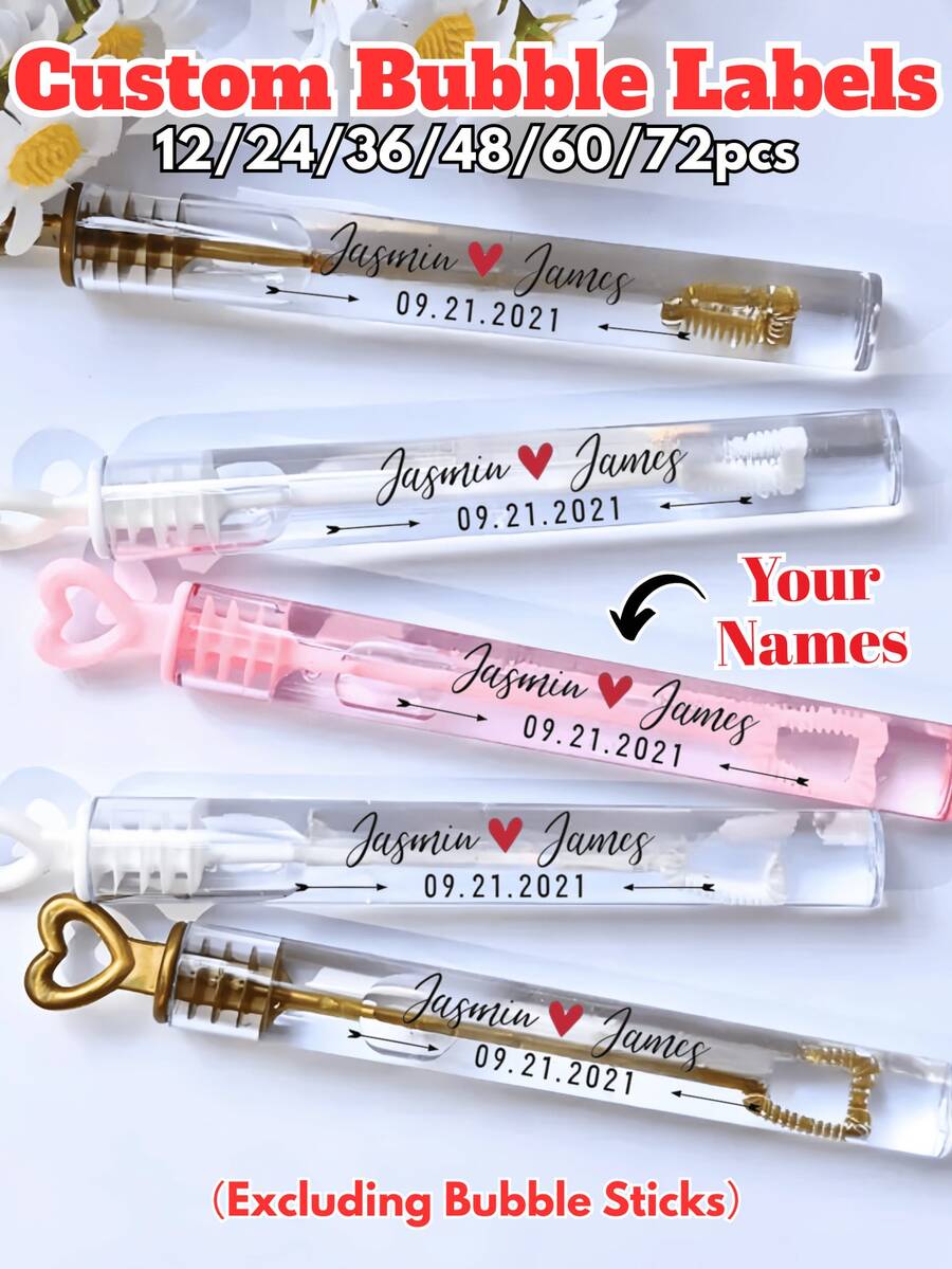 1/12/24/36/48/60/72pcs,Personalized Bubble Labels [LABELS ONLY, Tubes Are NOT Included] -Custom Bubble Wand PVC Stickers,Personalized Name/Date Labels For Wedding/Birthday/Baby Shower Party Favors. - Clear PVC Stickers - View 1