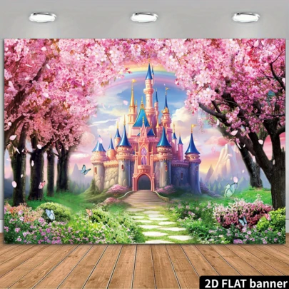 2D Flat 1pc Fairy Tale Princess Castle Backdrop, Includes Pink & Gold Castle, Colorful Flowers & Butterflies, Polyester Material, No Power Needed, Suitable For Princess Themed Birthday Party, Indoor/Outdoor Use, Can Be Used As Decorative Wall, Party Supplies, Fits Home Gathering, Girl's Room Setting To Create A Dreamy Princess Vibe