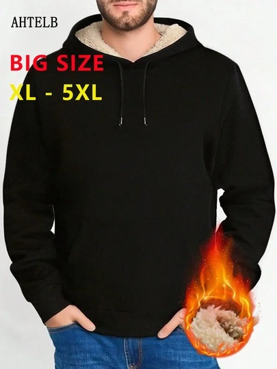  AHTELB Men's Solid Color Minimalist Pullover, Autumn/Winter Fleece Lined Hoodie, Plus Size Warm Clothing, Plus Size Hoodie, Warm Long Sleeve, Men's Thermal Wear, Winter Apparel, Black Hoodie, Unisex Hoodie, Gift For Friends, Husband, Father, Son, Boyfriend