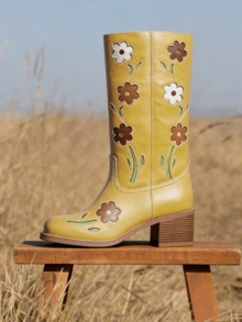 Women's Mid Calf Boots Square Toe Chunky Heel Pull On Block Heel Boots Western Boots With Flowers Cute For Christmas Halloween - 黃色 - 查看 6