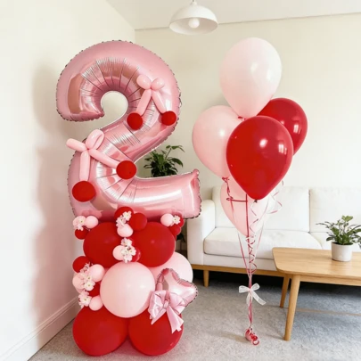 45pcs Pink Number Balloon Stand Set, 32-Inch Pink Number Foil Balloon Set, Pink & Red Latex Balloons, Latex Balloon Sticks Decor, Suitable For Birthday Party Decoration, Anniversary Celebration Decoration, Birthday Party Decor, Anniversary Decor