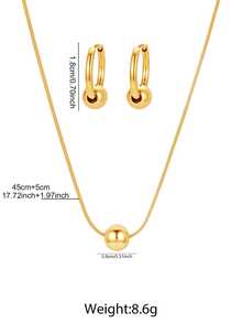 Juego de cuentas doradas de acero inoxidable. Cuentas lisas doradas + pendientes de cadena delgada. Conjunto de lujo simple y de alta calidad, regalo ideal para vacaciones y uso diario. - Collar+pendientes - Ver 2