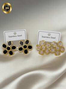 1/2/4/5/9-Piece Sets, Stainless Steel Enamel Flower/Bow Stud Earrings. Flower Designs Include Five-Petal Blooms And Four-Leaf Clover Shapes, Available In Black, Pink, Lake Blue, Bright Red, And White. - Multicolor - View 16