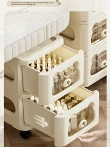 Cute Bear Design Drawer Cabinet ,Multi-Purpose Storage,Easy Move With Handles,3/4/5 Tier Folding Drawers Storage Cabinet Rolling Utility Cart With Wheels, Multi-Purpose Storage,Easy Install High Quality And Movable,Large Capacity ,Free Combination,Universal Wheel Design More Convenient To Move,Storage Cabinet For Snacks Toys Storage, Cartoon Trolleys Cream White Nightstands Rolling Cart With Drawers To Organize For Bedroom,Apartment Saver - 米色 - 查看 8