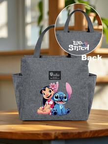 Disney 1个史迪奇卡通印花保温午餐包，轻便可重复使用防漏便当袋，带前袋和耐用拉链，适合学校、办公室等场所，可保持食物新鲜，方便携带。 - 彩色 - 查看 5