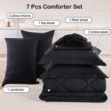 7pcs Full Queen King Black Dark Grey Green White Quilted Comforter Fitted Sheet Flat Sheet Mattress Protector Cover And Pillowcases Sets - 黑色 - 查看 2