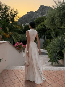 纯色优雅法式时尚圆领无袖褶皱腰身修身迷你鸡尾酒连衣裙，女士夏季连衣裙，女士优雅连衣裙，女士休闲连衣裙 - 杏色 - 查看 6