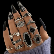 20pcs Vintage Punk Spider Skull Ring Set, Unisex, Mixed Style, Gothic Dark Style, Halloween Ring Jewelry, Party Holiday Accessories - 20 Mixed Black Stone Pinky Rings - View 6