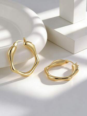Charm-In Women's Gold-Plated Asymmetrical Wavy Hoop Earrings - Edgy Design For Street Style/Evening Outings, Gift For Her (Anniversary/Birthday)