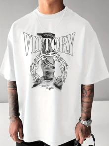 Figura artística que representa la fuerza y el triunfo con una escultura invertida rodeada por corona de espinas en tonos plateados y violetas transmitiendo poder y determinación Camiseta de hombre 100% algodón - Blanco - Ver 1