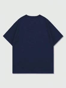 男士夏季时尚简约街头休闲字母印花圆领短袖T恤 | 百搭街头风上衣 - 藏蓝色 - 查看 4