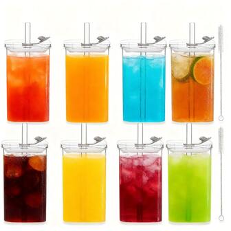 17 Oz Drinking Glasses With Lids And Glass Straw - 8 Pcs Glass Cups Beer Ice Coffee Glasses Cute Aesthetic Cup Great For Coffee Bar Accessories Include 2 Cleaning Brushes
