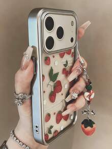 Fashionable Cute Full-Screen Strawberry Leaf Pattern Phone Case, Paired With Creative Berry Pendant, Compatible With IPhone 17 Pro Max, 17 Pro, 17, 16 Pro Max, 16 Pro, 16, 16, 15 Pro Max, 15 Pro, 15, 14 Pro Max, 14 Pro, 14, 13 Pro Max, 13 Pro, 13, 12 Pro Max, 12 Pro, 11. High-Quality Fashionable Cute Durable Protective Case, A Great Birthday Gift. - Strawberry Flowers - View 2
