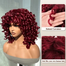 Peluca rizada corta con flequillo, peluca rizada esponjosa y voluminosa, peluca rizada grande, suave y esponjosa, cabello sintético natural, adecuada para uso diario y fiestas - Burdeos - Ver 5