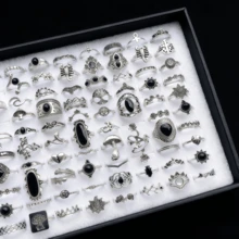 20pcs Vintage Punk Spider Skull Ring Set, Unisex, Mixed Style, Gothic Dark Style, Halloween Ring Jewelry, Party Holiday Accessories - 20 Mixed Black Stone Pinky Rings - View 3
