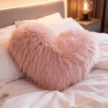 1入組假羊毛粉色發絨心形枕套，適用於客廳和臥室，柔軟舒適，不脫毛，可洗，可摺疊，可拆卸，可用於沙發、窗台和房間裝飾