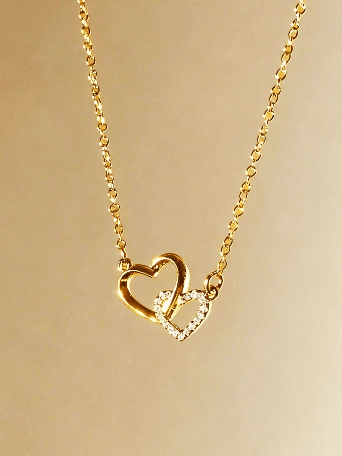 1pc Luxury Double Ring Heart Pendant Necklace, Delicate Zirconia Jewelry, Unique Design, Gentle & Sweet - Gold - View 1