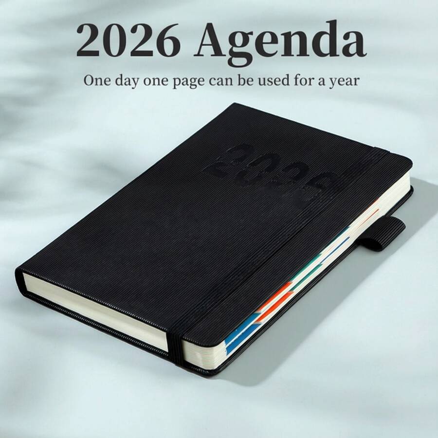 1pc Fresh Light Black 2026 Daily Planner - Vertical Texture Strap Design Daily Agenda - Daily & Monthly & Weekly Notebook, Hardcover+Ultra Thick Paper, 400 Pages, (Jan-Dec 2026) Calendar Planner For School Office Schedule - Valentine's Day Gift - màu đen - Xem 1