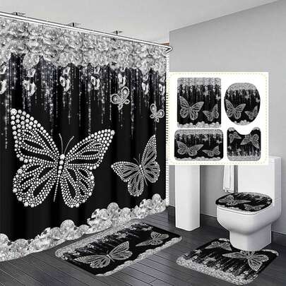 1件/4件套闪亮水钻蝴蝶图案浴室套装，包含防水耐用涤纶浴帘（带12个挂钩）、防滑浴垫、U型地垫和圆形马桶盖套，现代奢华浴室装饰套装