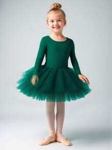 Girls' Solid Color Round Neck Long Sleeve Tulle Ballet Dress, Children Swan Ballet Dance Costume - Green - View 10