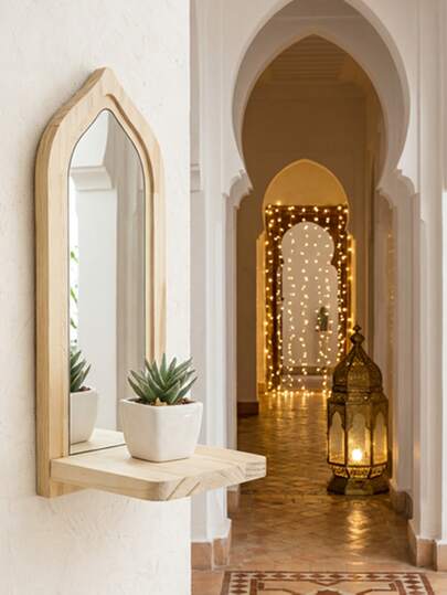 1pc Simple Vintage Arch Wooden Wall Mirror, Gold Acrylic Mirror Plate Wall Decoration, Lightweight Decoration Wooden Frame, No Need For Power Source, Ideal For Home Decoration And Wall, Very Suitable For Islamic Holiday Decoration, Arabic Style Decoration Living Room Bedroom Kitchen Desktop Decoration