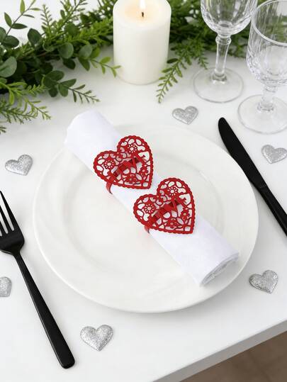 4-12pcs Red Heart Napkin Rings, Valentine's Day Napkin Rings, For Table Decoration, Dinner Party, Wedding Party, Dining Party
