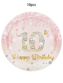10pcs/20pcs/50pcs/80pcs Rose Gold 10th Birthday Party Paper Plates Cups And Napkins Tableware Girls 7 Inch Rose Golden Cake Plates 9 Inch Dinner Plates 10 Years Old Table Decorations Happy Ten Years Old Tableware Set Pink 10th Birthday Party Supplies - Multicolor - View 8